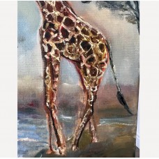 "Giraffes at the Waterhole" is an atmospheric oil painting by Ukrainian artist Marina Stognieva